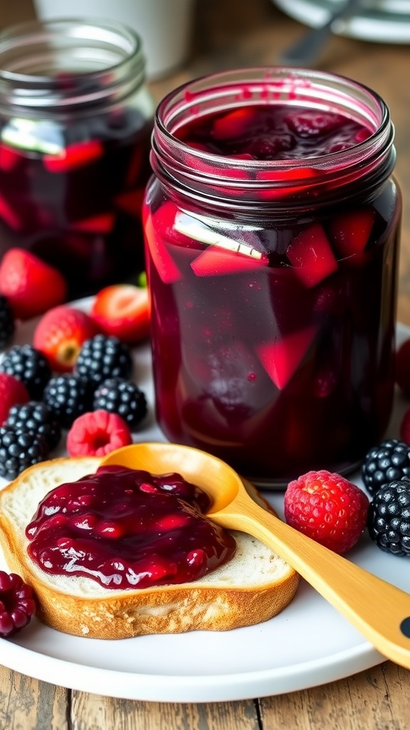 A jar of mixed berry chia seed jam on toast with fresh mixed berries on a kitchen table.